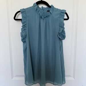 Light teal high neck, ruffle sleeveless women’s blouse